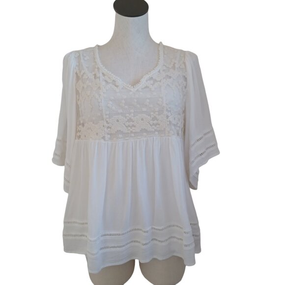 Knox Rose Tops - Knox Rose Top Ivory Lace Peasant Popover Flutter Sleeves Attached Cami Womens M